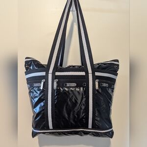 LeSportsac Tote Bag Travel Shiny Black Silver Sparkly Handles 17" x 14" Zippers